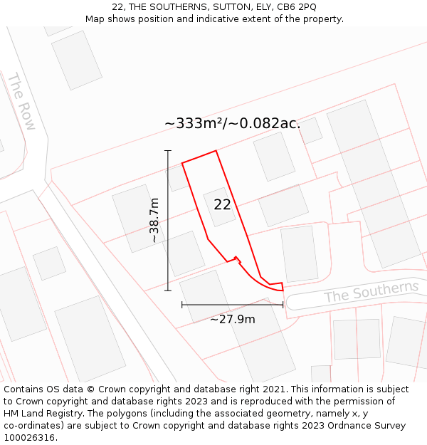 22, THE SOUTHERNS, SUTTON, ELY, CB6 2PQ: Plot and title map