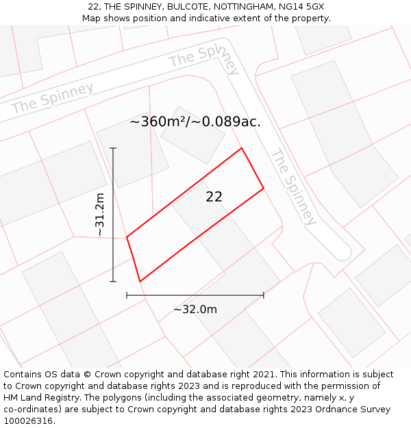 22, THE SPINNEY, BULCOTE, NOTTINGHAM, NG14 5GX: Plot and title map