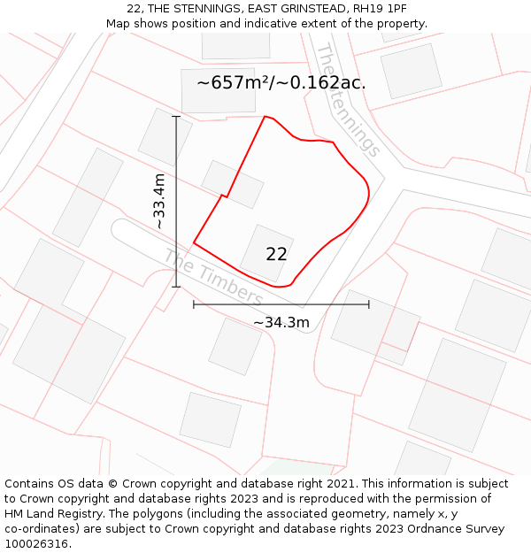 22, THE STENNINGS, EAST GRINSTEAD, RH19 1PF: Plot and title map