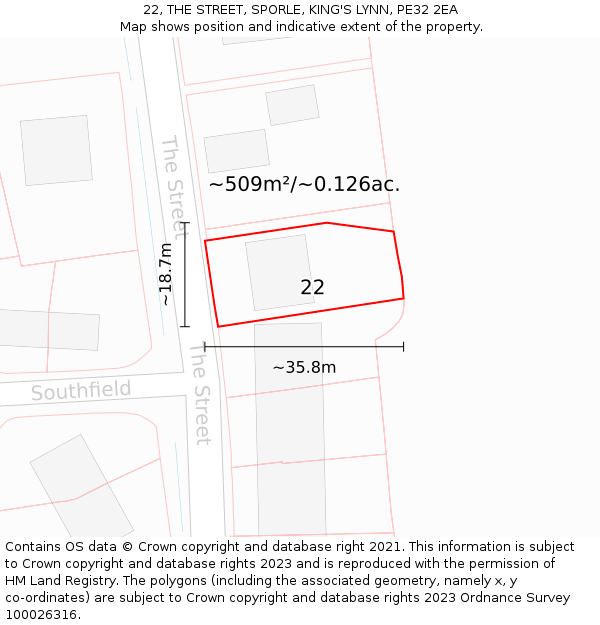 22, THE STREET, SPORLE, KING'S LYNN, PE32 2EA: Plot and title map