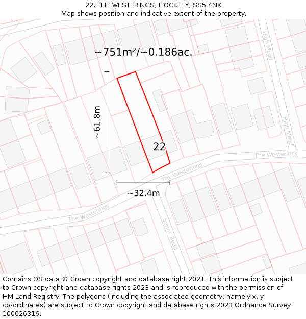 22, THE WESTERINGS, HOCKLEY, SS5 4NX: Plot and title map