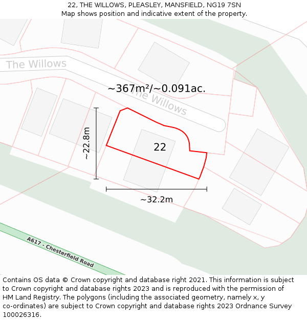 22, THE WILLOWS, PLEASLEY, MANSFIELD, NG19 7SN: Plot and title map
