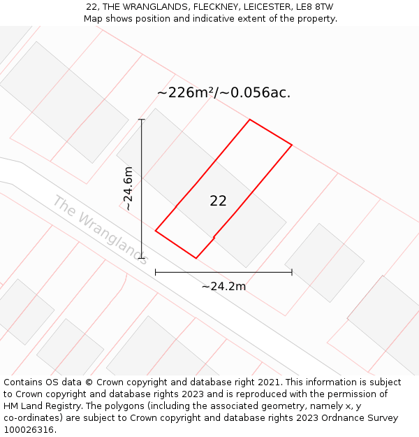 22, THE WRANGLANDS, FLECKNEY, LEICESTER, LE8 8TW: Plot and title map