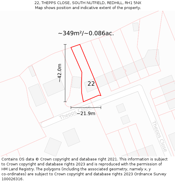 22, THEPPS CLOSE, SOUTH NUTFIELD, REDHILL, RH1 5NX: Plot and title map