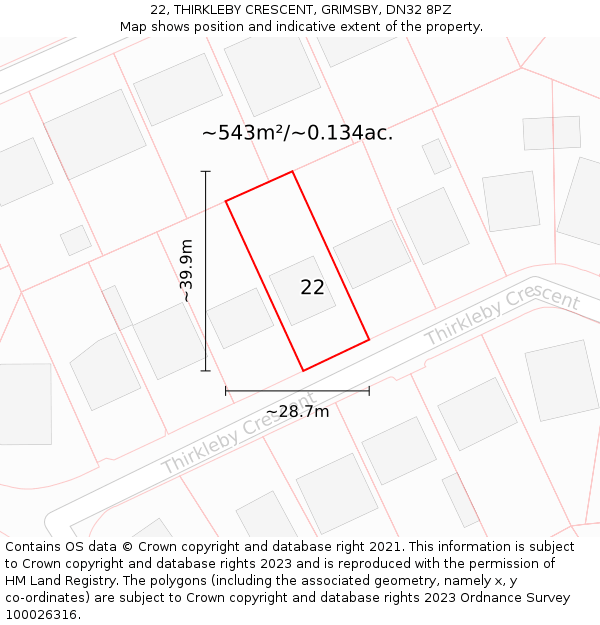22, THIRKLEBY CRESCENT, GRIMSBY, DN32 8PZ: Plot and title map