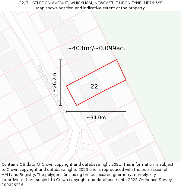 22, THISTLEDON AVENUE, WHICKHAM, NEWCASTLE UPON TYNE, NE16 5YS: Plot and title map