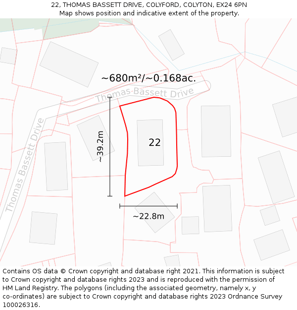22, THOMAS BASSETT DRIVE, COLYFORD, COLYTON, EX24 6PN: Plot and title map