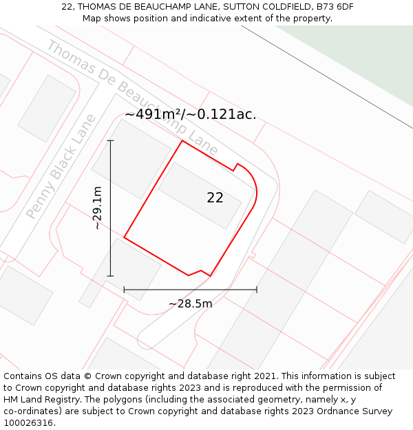 22, THOMAS DE BEAUCHAMP LANE, SUTTON COLDFIELD, B73 6DF: Plot and title map