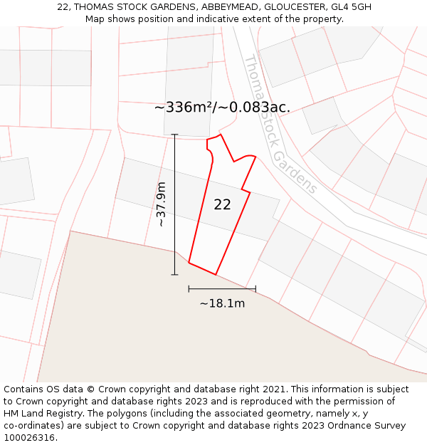 22, THOMAS STOCK GARDENS, ABBEYMEAD, GLOUCESTER, GL4 5GH: Plot and title map