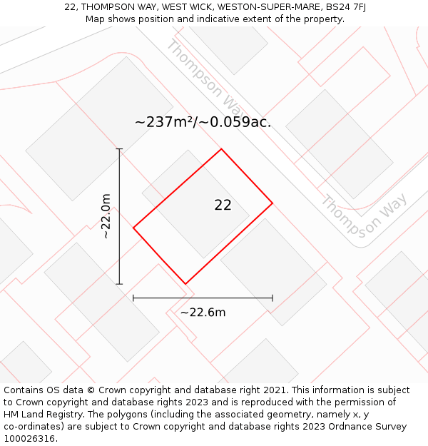 22, THOMPSON WAY, WEST WICK, WESTON-SUPER-MARE, BS24 7FJ: Plot and title map