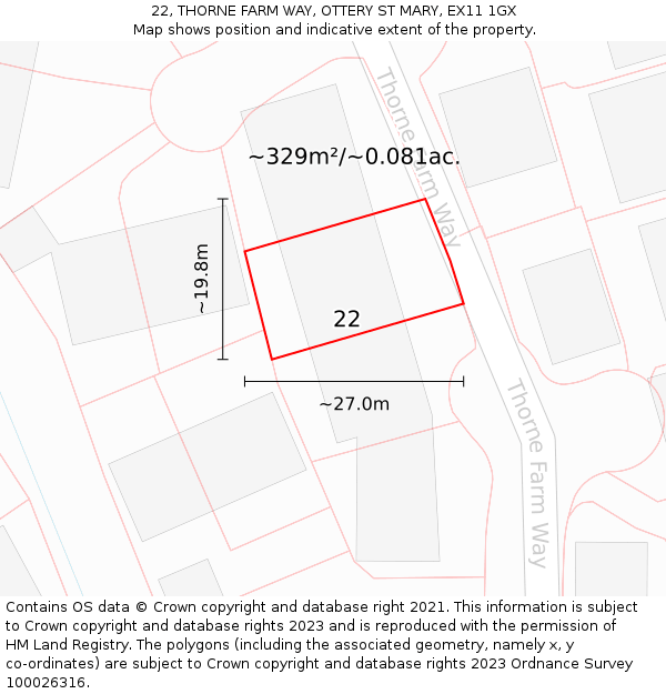 22, THORNE FARM WAY, OTTERY ST MARY, EX11 1GX: Plot and title map