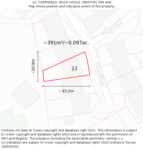 22, THORNFIELD, MUCH HOOLE, PRESTON, PR4 4HE: Plot and title map