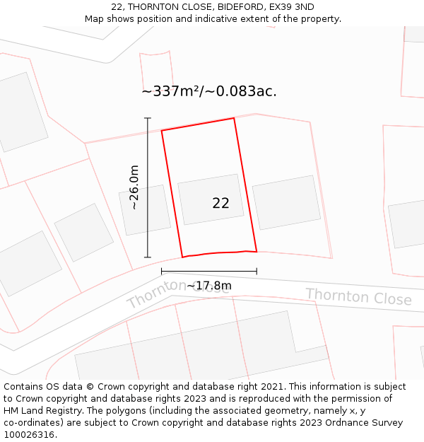 22, THORNTON CLOSE, BIDEFORD, EX39 3ND: Plot and title map