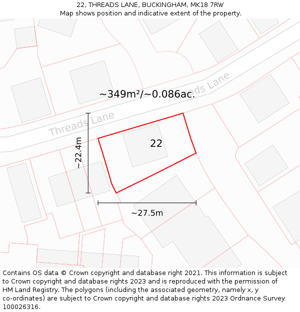 22, THREADS LANE, BUCKINGHAM, MK18 7RW: Plot and title map