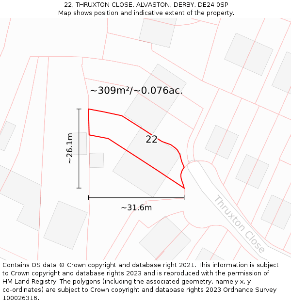 22, THRUXTON CLOSE, ALVASTON, DERBY, DE24 0SP: Plot and title map