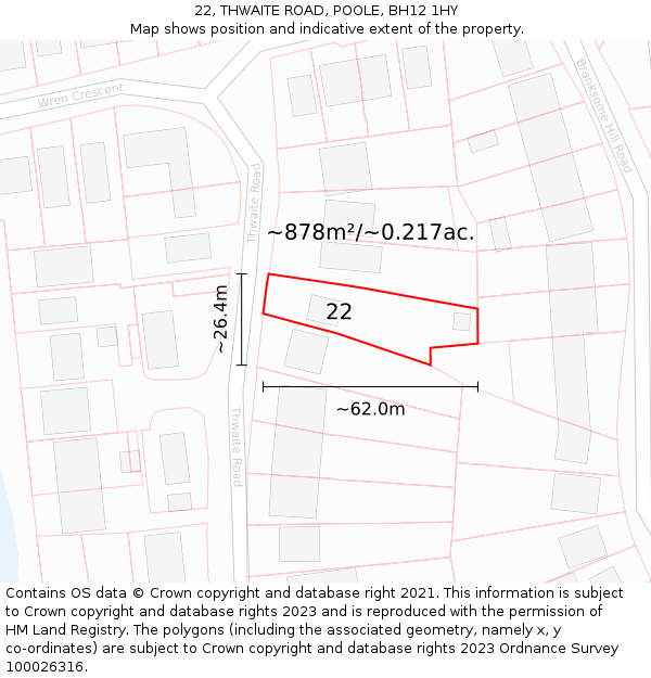 22, THWAITE ROAD, POOLE, BH12 1HY: Plot and title map