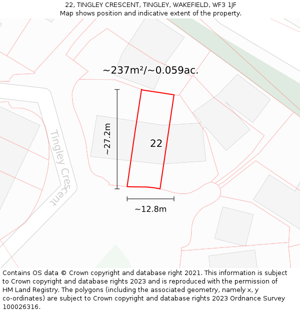 22, TINGLEY CRESCENT, TINGLEY, WAKEFIELD, WF3 1JF: Plot and title map