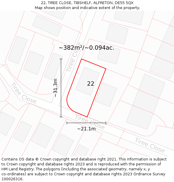 22, TIREE CLOSE, TIBSHELF, ALFRETON, DE55 5QX: Plot and title map