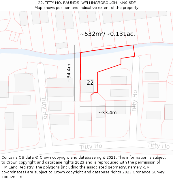 22, TITTY HO, RAUNDS, WELLINGBOROUGH, NN9 6DF: Plot and title map