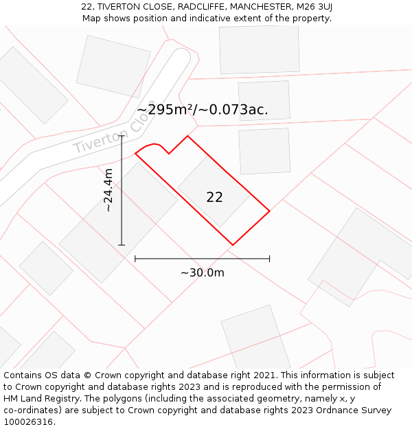 22, TIVERTON CLOSE, RADCLIFFE, MANCHESTER, M26 3UJ: Plot and title map