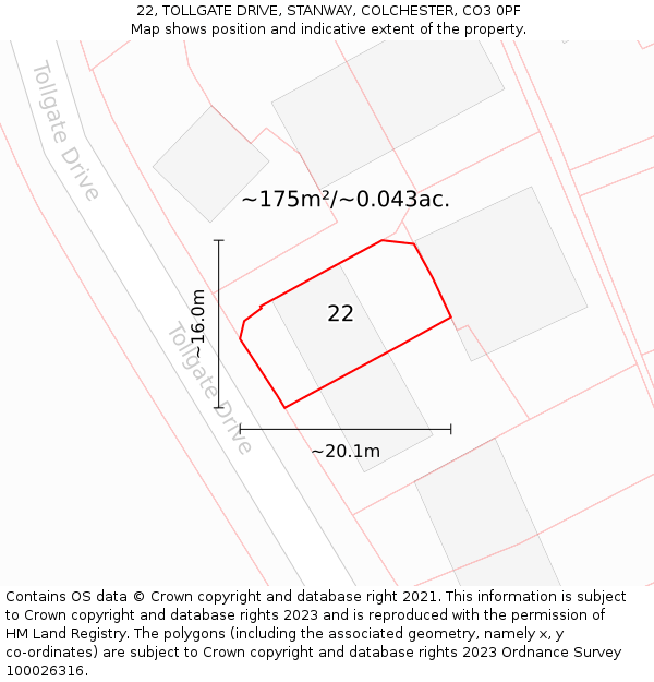 22, TOLLGATE DRIVE, STANWAY, COLCHESTER, CO3 0PF: Plot and title map