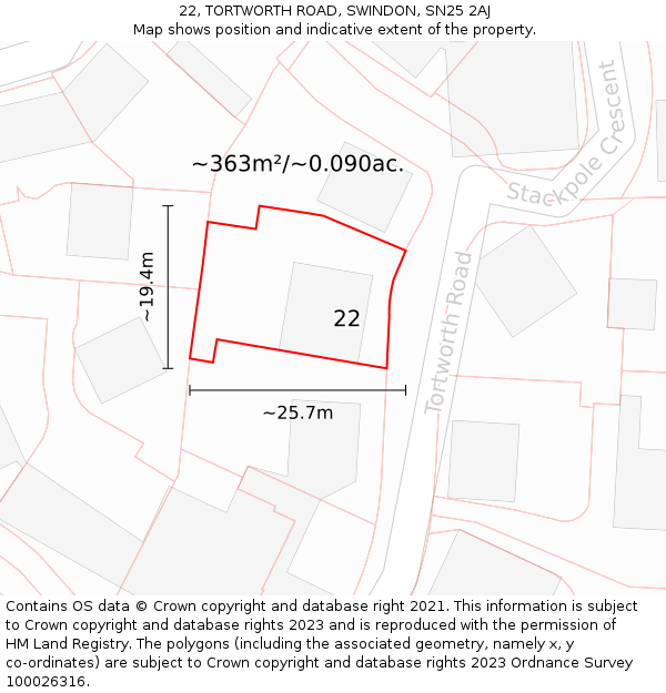 22, TORTWORTH ROAD, SWINDON, SN25 2AJ: Plot and title map