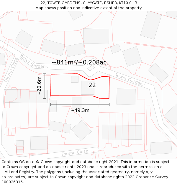 22, TOWER GARDENS, CLAYGATE, ESHER, KT10 0HB: Plot and title map