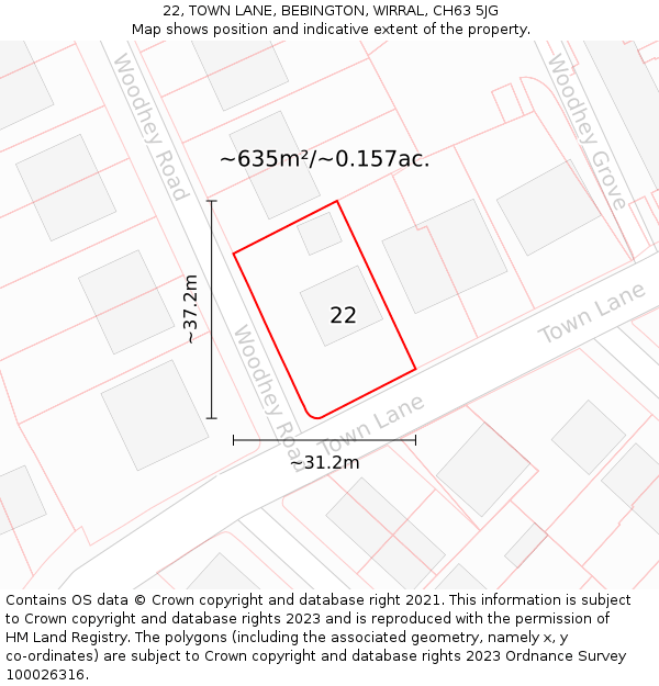 22, TOWN LANE, BEBINGTON, WIRRAL, CH63 5JG: Plot and title map