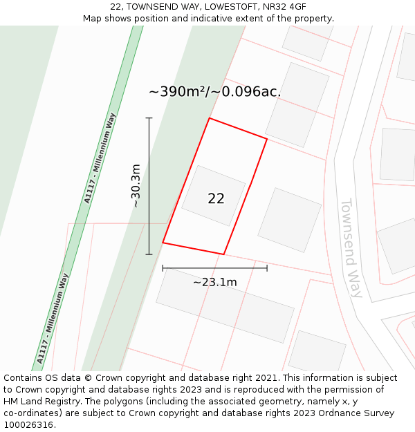 22, TOWNSEND WAY, LOWESTOFT, NR32 4GF: Plot and title map
