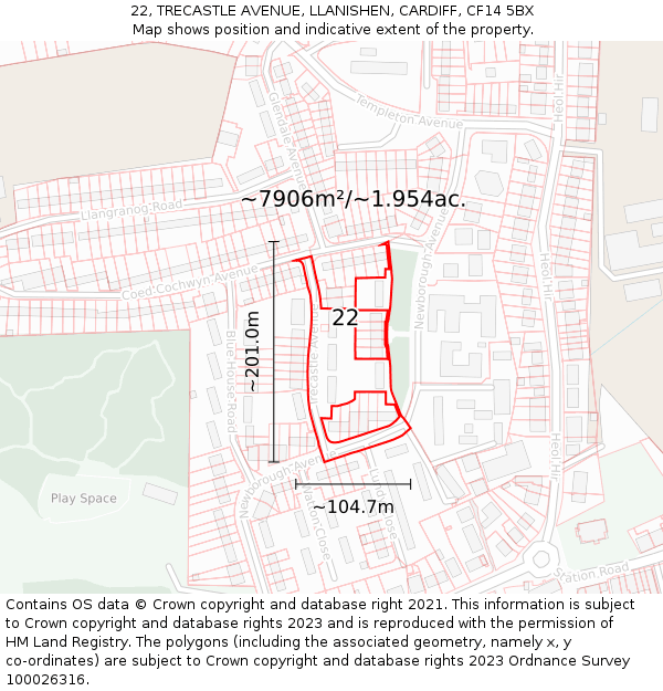 22, TRECASTLE AVENUE, LLANISHEN, CARDIFF, CF14 5BX: Plot and title map