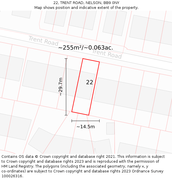 22, TRENT ROAD, NELSON, BB9 0NY: Plot and title map