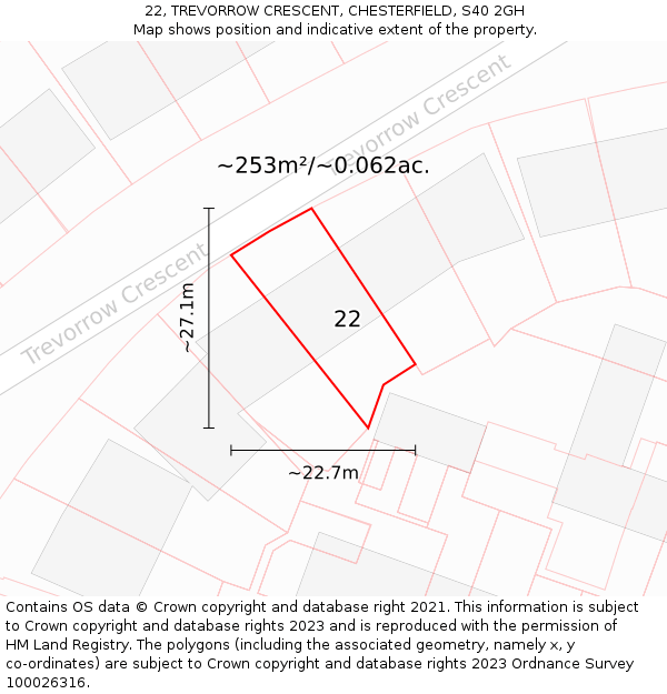 22, TREVORROW CRESCENT, CHESTERFIELD, S40 2GH: Plot and title map