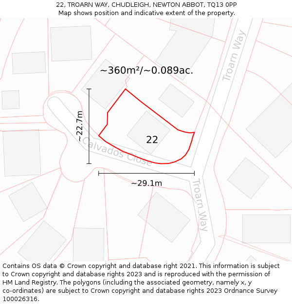 22, TROARN WAY, CHUDLEIGH, NEWTON ABBOT, TQ13 0PP: Plot and title map