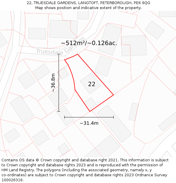 22, TRUESDALE GARDENS, LANGTOFT, PETERBOROUGH, PE6 9QG: Plot and title map