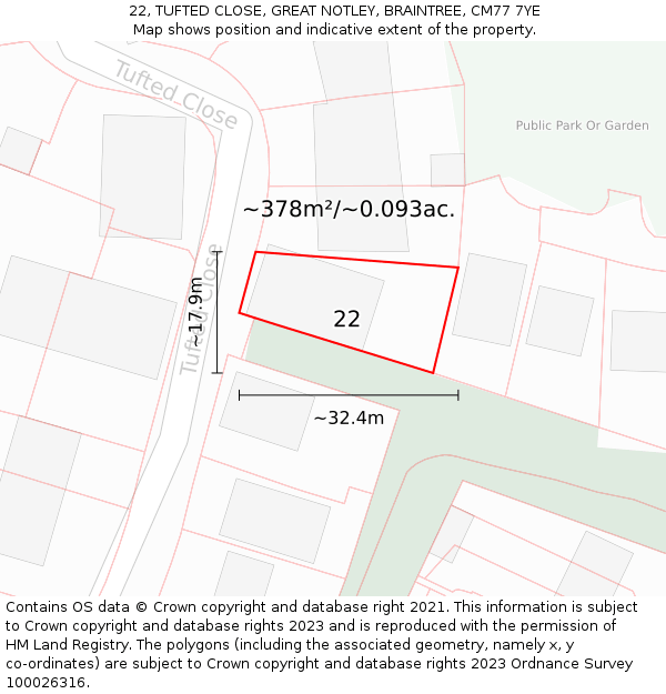 22, TUFTED CLOSE, GREAT NOTLEY, BRAINTREE, CM77 7YE: Plot and title map