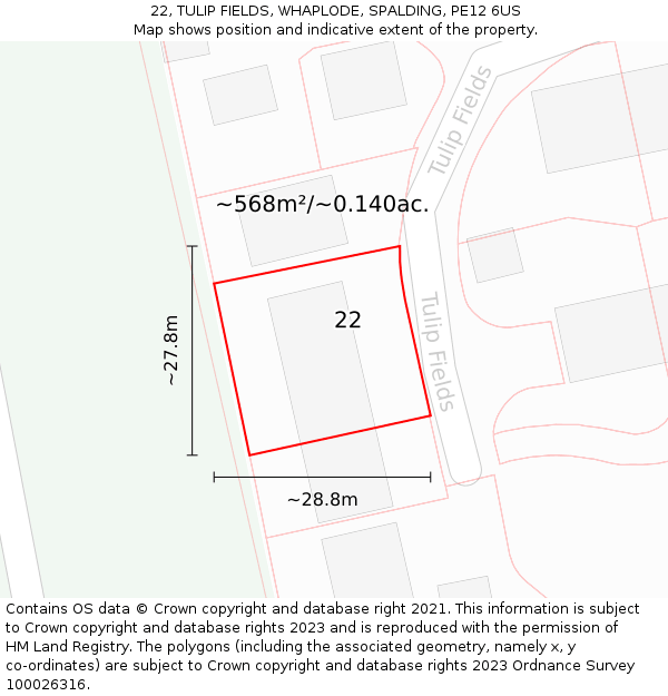22, TULIP FIELDS, WHAPLODE, SPALDING, PE12 6US: Plot and title map