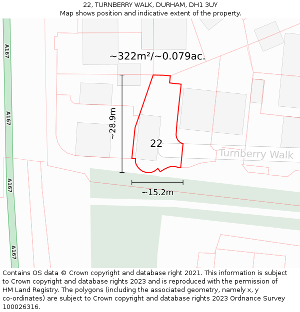 22, TURNBERRY WALK, DURHAM, DH1 3UY: Plot and title map