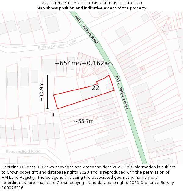 22, TUTBURY ROAD, BURTON-ON-TRENT, DE13 0NU: Plot and title map