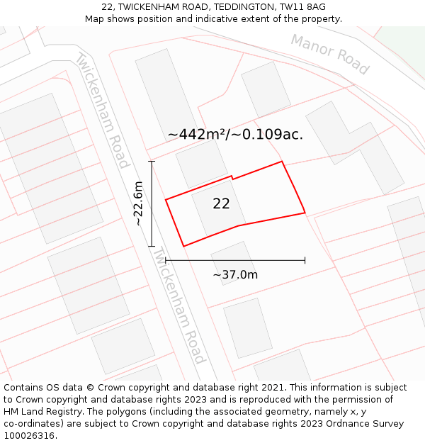 22, TWICKENHAM ROAD, TEDDINGTON, TW11 8AG: Plot and title map