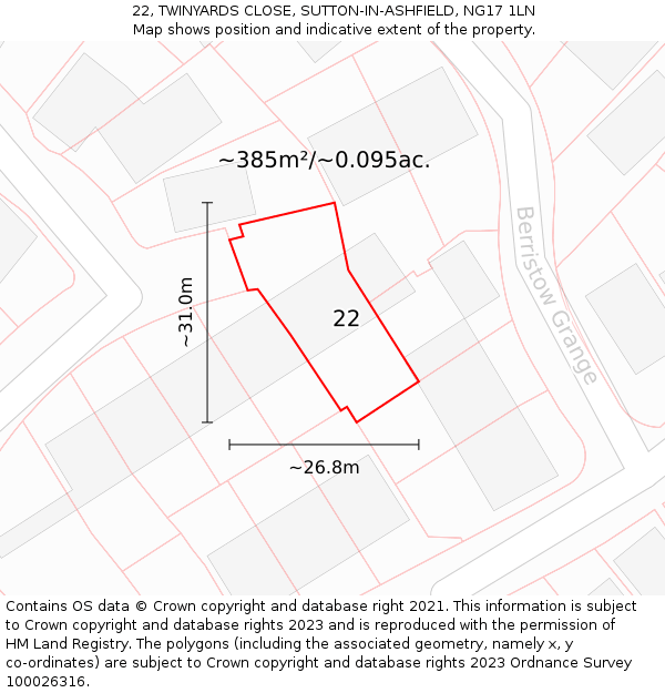 22, TWINYARDS CLOSE, SUTTON-IN-ASHFIELD, NG17 1LN: Plot and title map