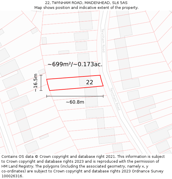 22, TWYNHAM ROAD, MAIDENHEAD, SL6 5AS: Plot and title map