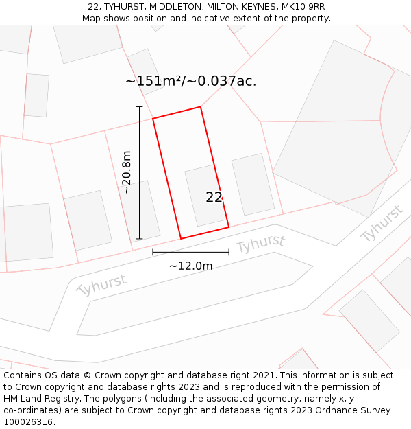 22, TYHURST, MIDDLETON, MILTON KEYNES, MK10 9RR: Plot and title map