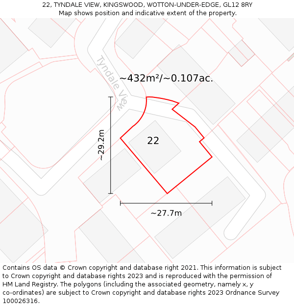22, TYNDALE VIEW, KINGSWOOD, WOTTON-UNDER-EDGE, GL12 8RY: Plot and title map