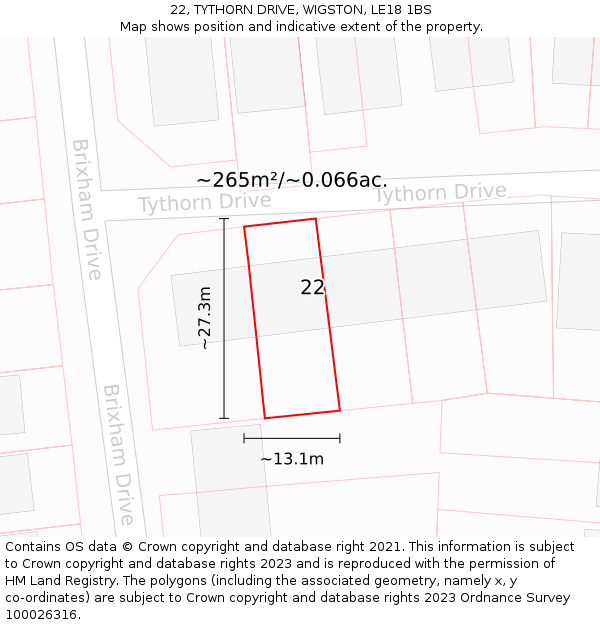 22, TYTHORN DRIVE, WIGSTON, LE18 1BS: Plot and title map