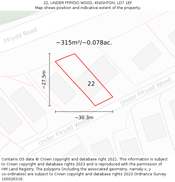 22, UNDER FFRYDD WOOD, KNIGHTON, LD7 1EF: Plot and title map