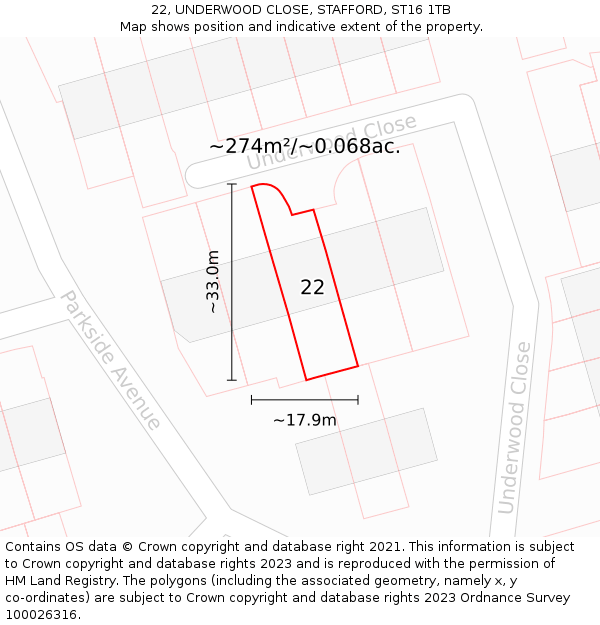 22, UNDERWOOD CLOSE, STAFFORD, ST16 1TB: Plot and title map