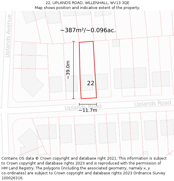22, UPLANDS ROAD, WILLENHALL, WV13 3QE: Plot and title map