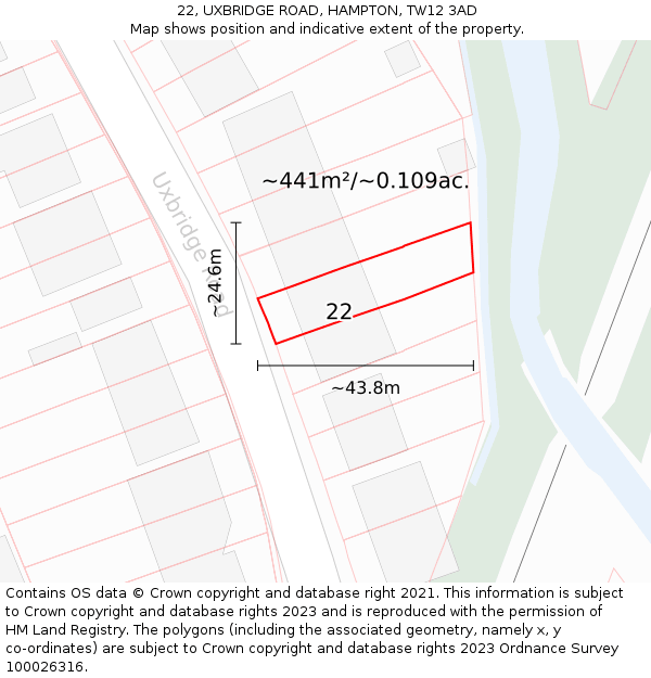 22, UXBRIDGE ROAD, HAMPTON, TW12 3AD: Plot and title map