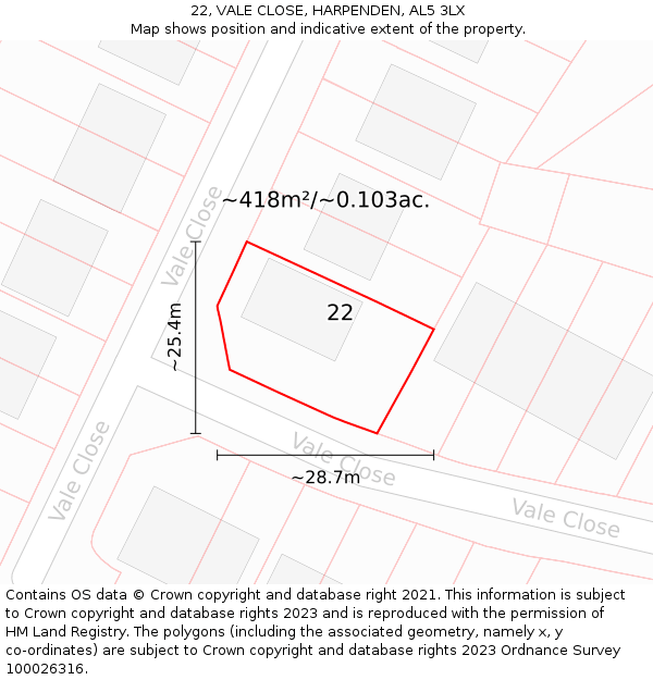 22, VALE CLOSE, HARPENDEN, AL5 3LX: Plot and title map