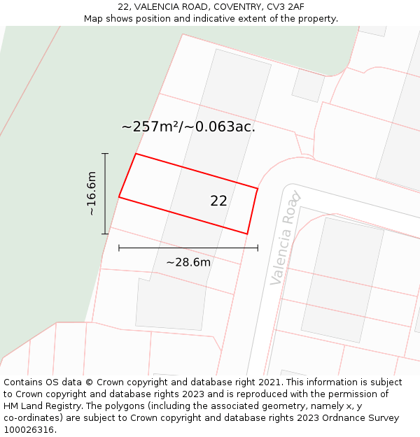 22, VALENCIA ROAD, COVENTRY, CV3 2AF: Plot and title map